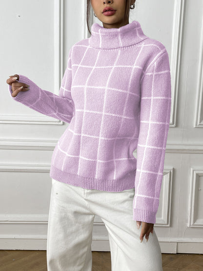 Women's Long Sleeve Bottom Shirt Contrast Checked Turtleneck