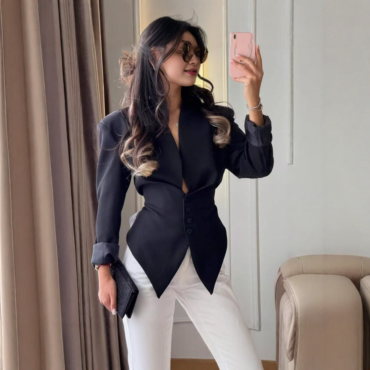Women's V-Neck Cinched Waist Fitted Blazer Jacket