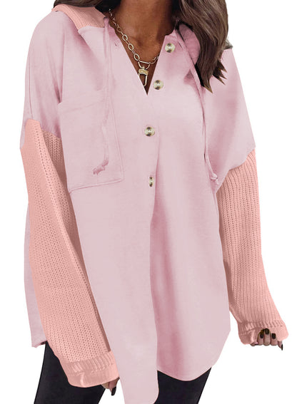 2025 Fall/Winter Colorblock Knit Sleeve Hoodie – Casual Button Down Top