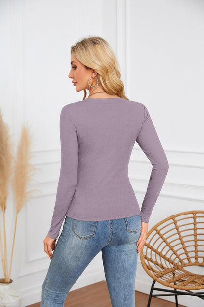 Ribbed Deep V Neck Slim Fit Long Sleeve Tee