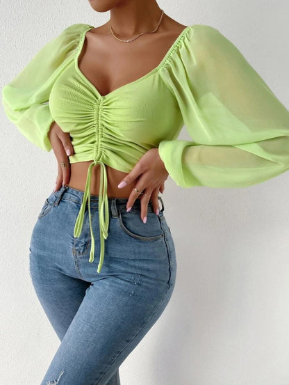 Sexy V Neck Ruched Sheer Balloon Sleeve Crop Top Blouse