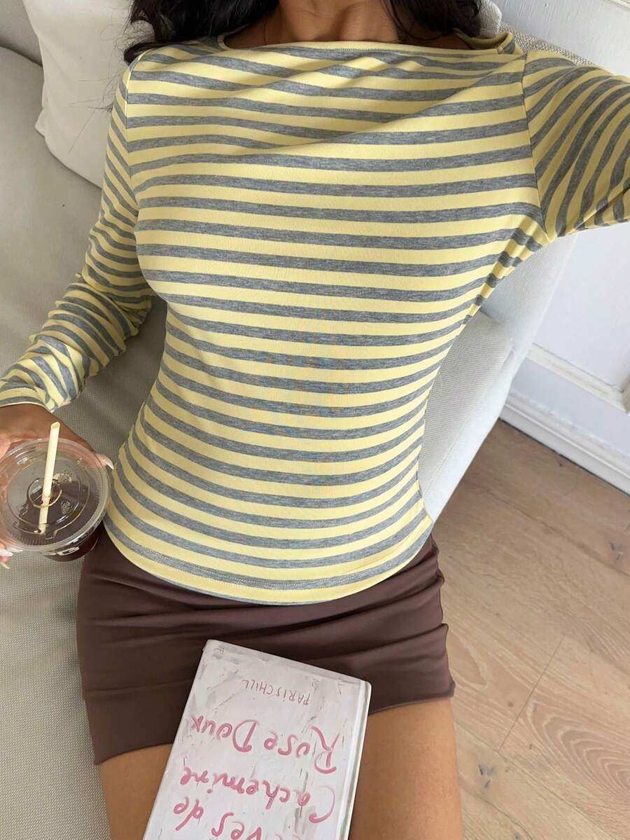 Striped Cotton Blend Long Sleeve Fitted Casual Tee