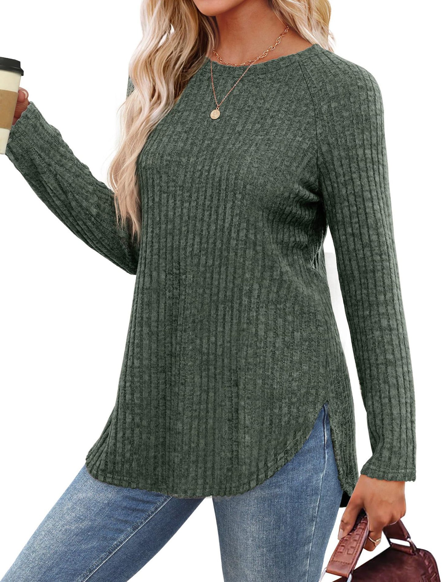 Women's Ribbed Brushed Long Sleeve Crew Neck Curved Hem Top
