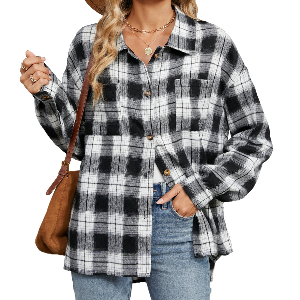 Women's Oversized Plaid Shacket Long Sleeve Button Down
