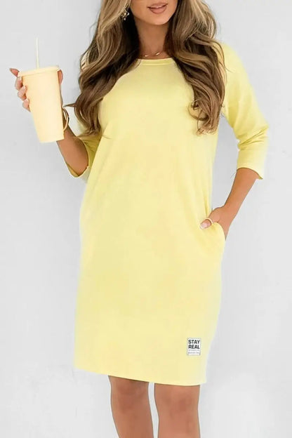 Women's Casual Crewneck Long Sleeve Midi Dress with Pockets