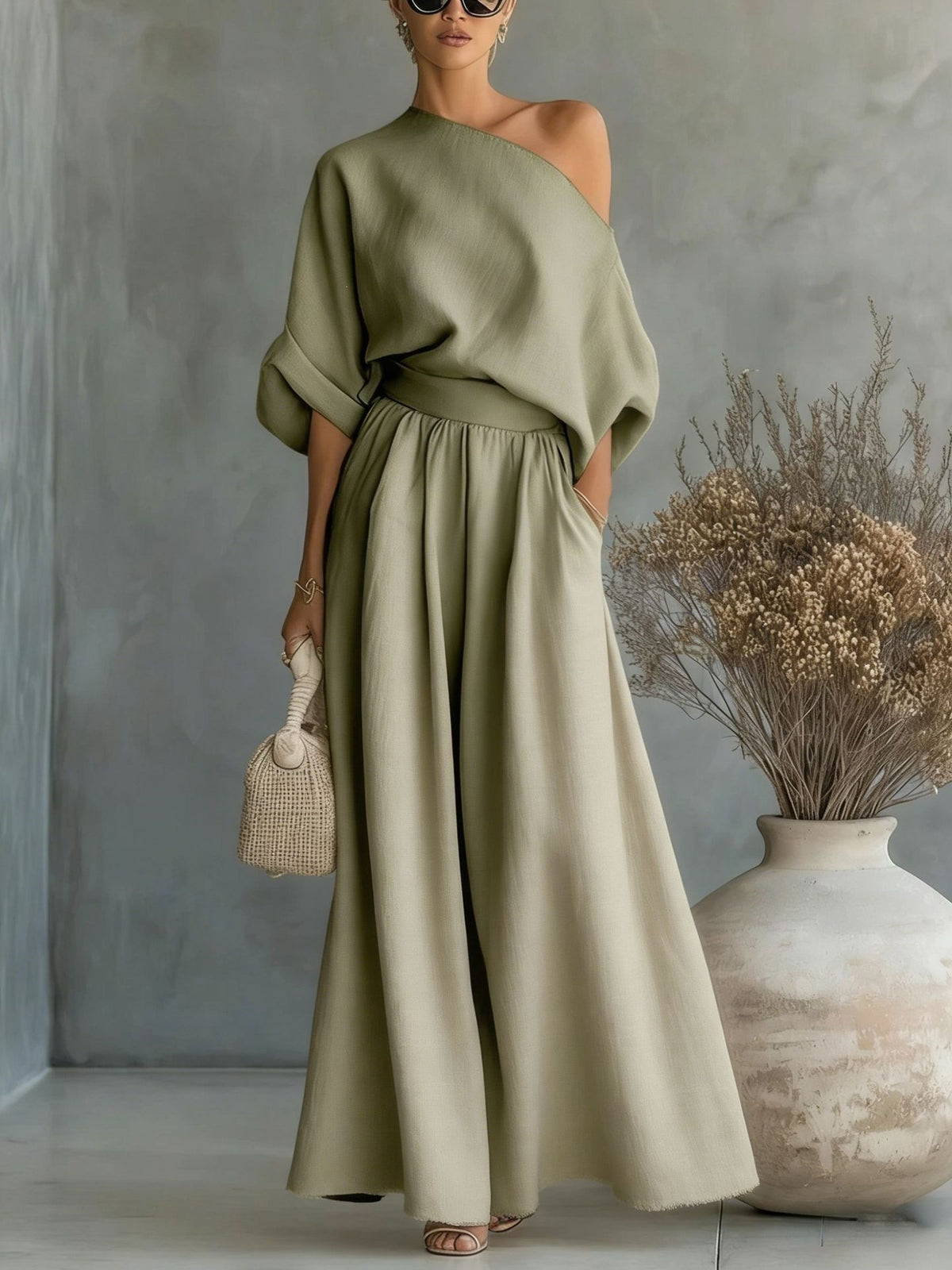 Women's One Shoulder Top Wide Leg Pants Matching Set