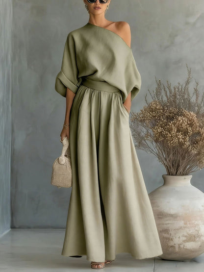 Women's One Shoulder Top Wide Leg Pants Matching Set