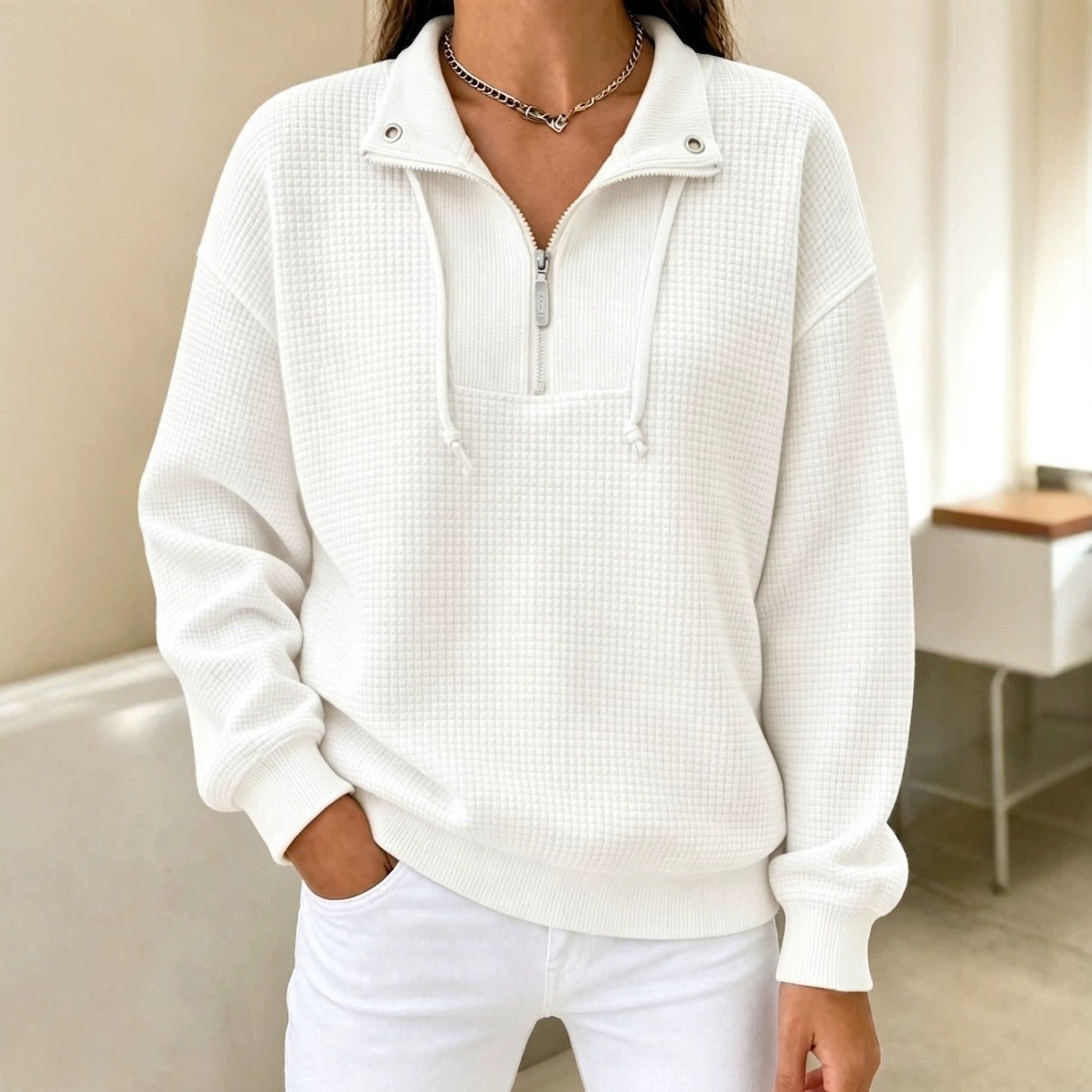 Women's Waffle Knit Half Zip Sweatshirt Oversized Casual