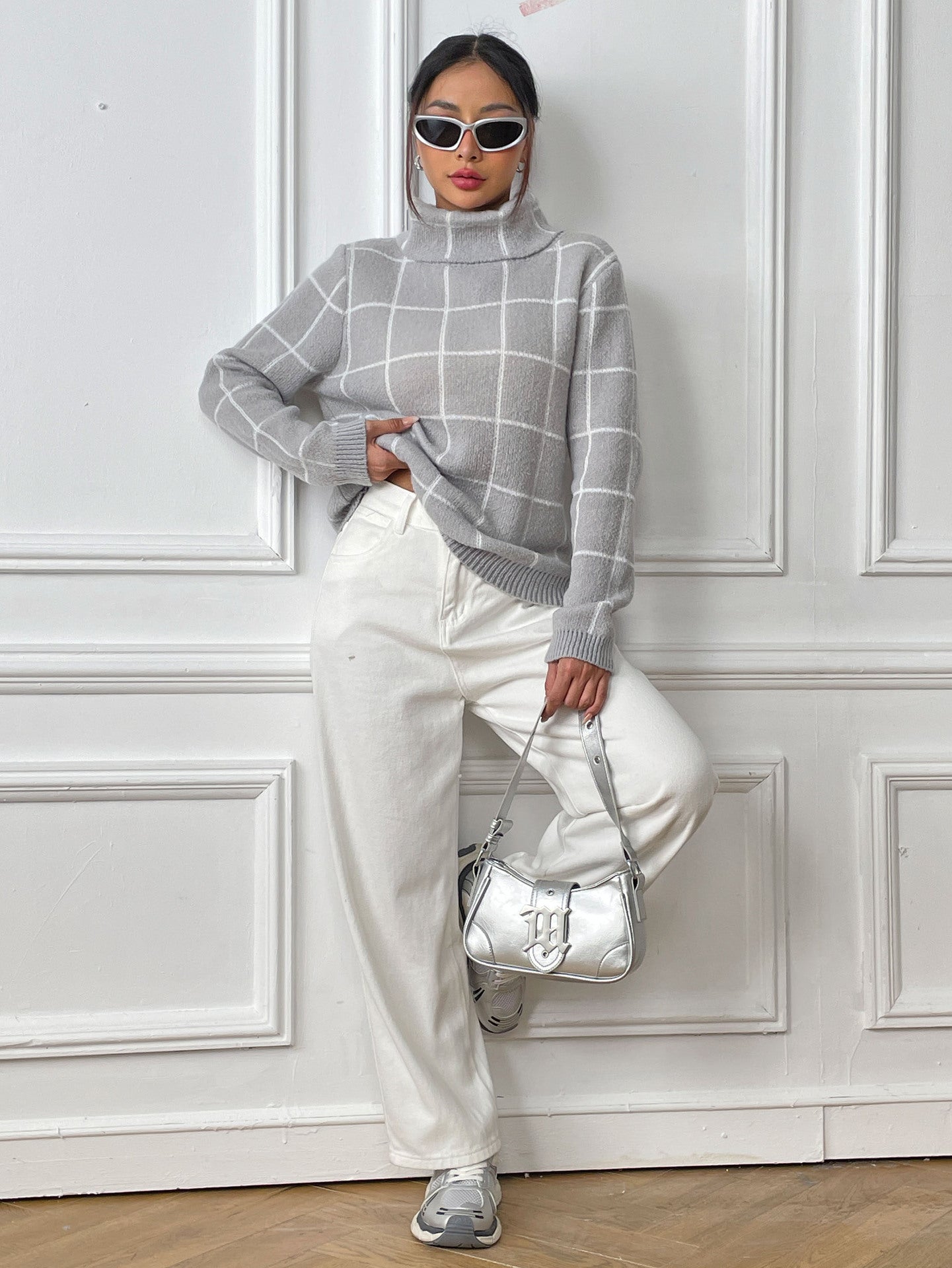 Women's Long Sleeve Bottom Shirt Contrast Checked Turtleneck