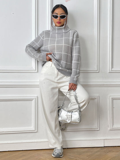 Women's Long Sleeve Bottom Shirt Contrast Checked Turtleneck