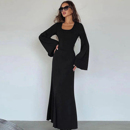 Square Neck Tie Back Long Sleeve Ribbed Maxi Dress