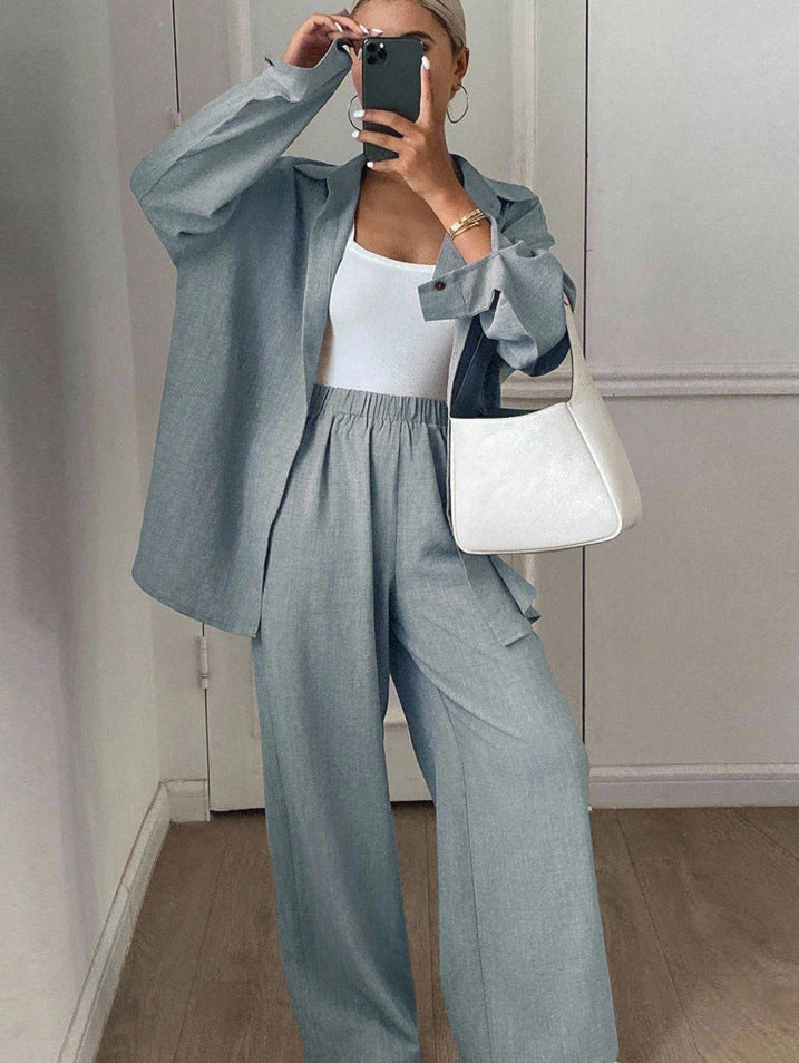 Linen Blend Button Down Shirt Wide Leg Pants Matching Set