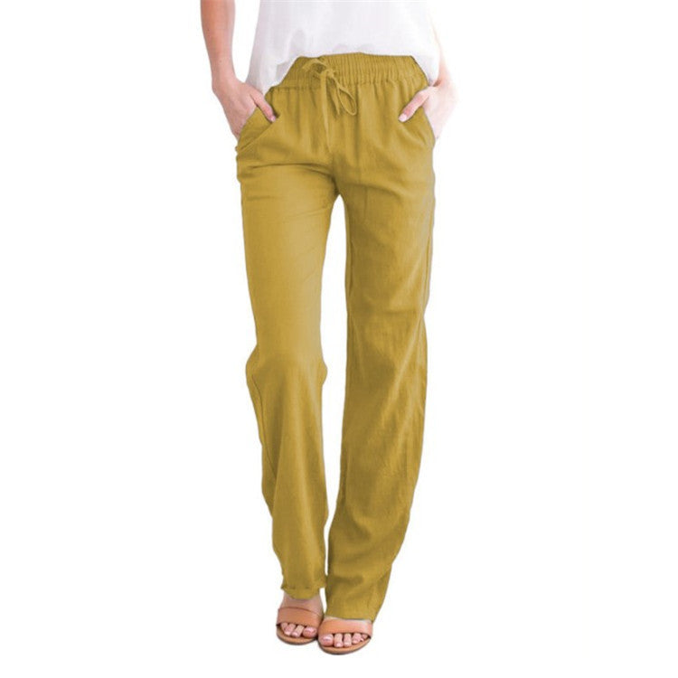 Women's Cotton Linen Drawstring Wide Leg Casual Pants