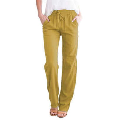 Women's Cotton Linen Drawstring Wide Leg Casual Pants