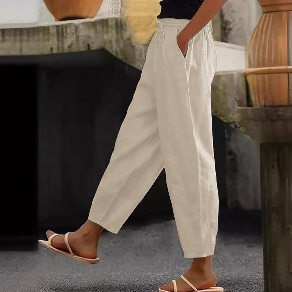Women's Linen Cotton Drawstring Cropped Pants