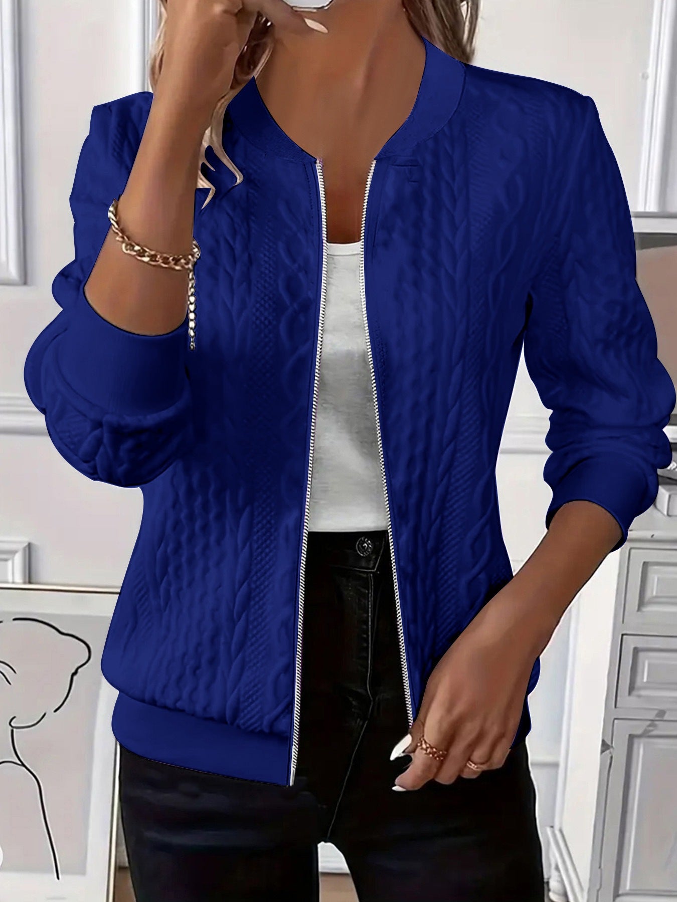 Cable Knit Zip Up Long Sleeve Sweater Jacket