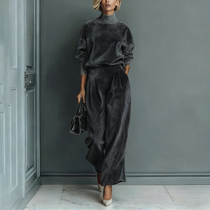 Women's Velvet Mock Neck Wide Leg Pants Two Piece Set