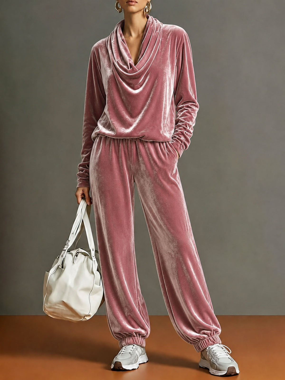 Women's Velvet Cowl Neck 2 Piece Lounge Set
