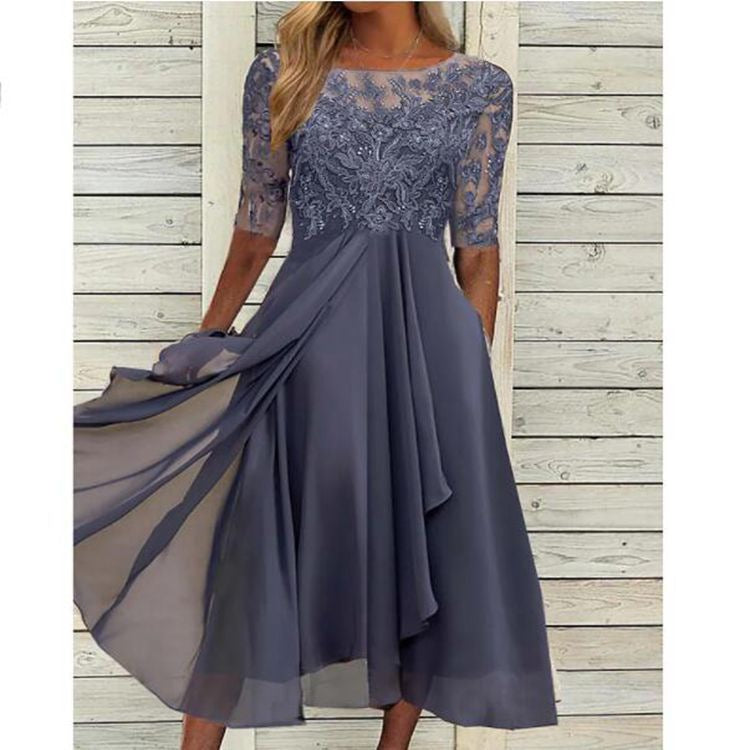 Women's Lace Chiffon Wedding Guest Midi Dress