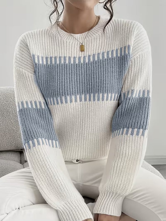 Women's Striped Crew Neck Oversized Knit Pullover Sweater