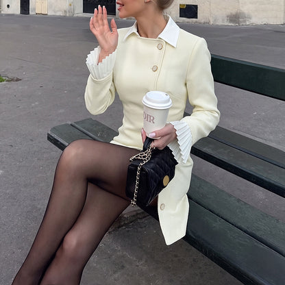Color Block Tweed Blazer Dress Button Front Long Sleeve