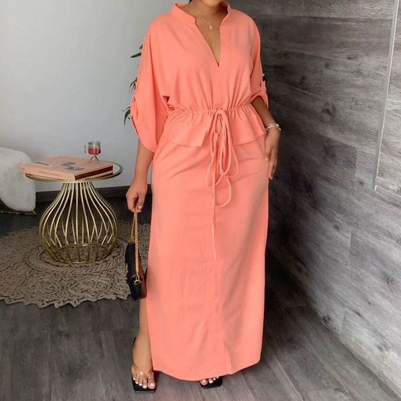Women's V-Neck Tie Waist Maxi Dress Plus Size