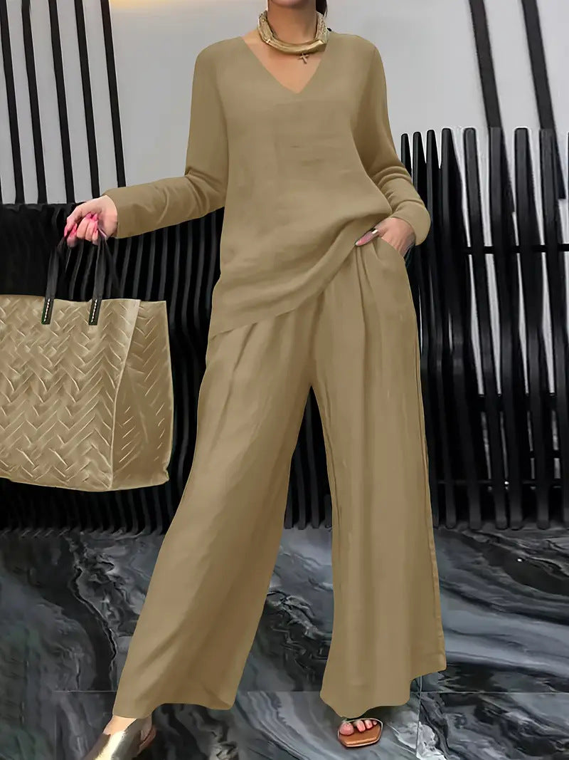 Women's Casual V Neck Wide Leg Pants Matching Set Plus Size