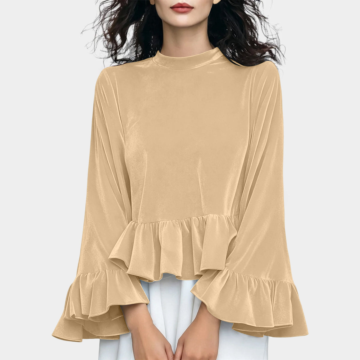 Women's Velvet Ruffle Bell Sleeve Peplum Top