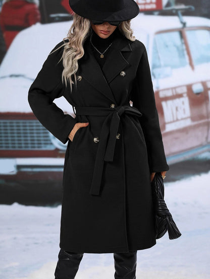 Women's Belted Double Breasted Long Wool Blend Coat