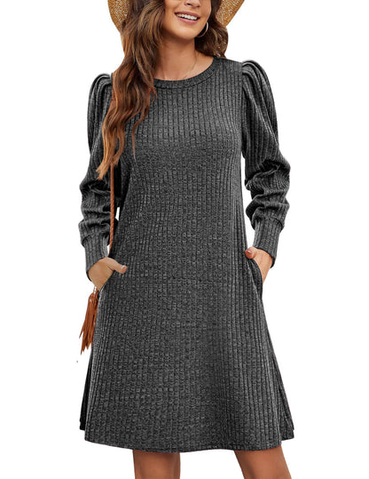 Ribbed Puff Sleeve A-Line Midi Sweater Dress