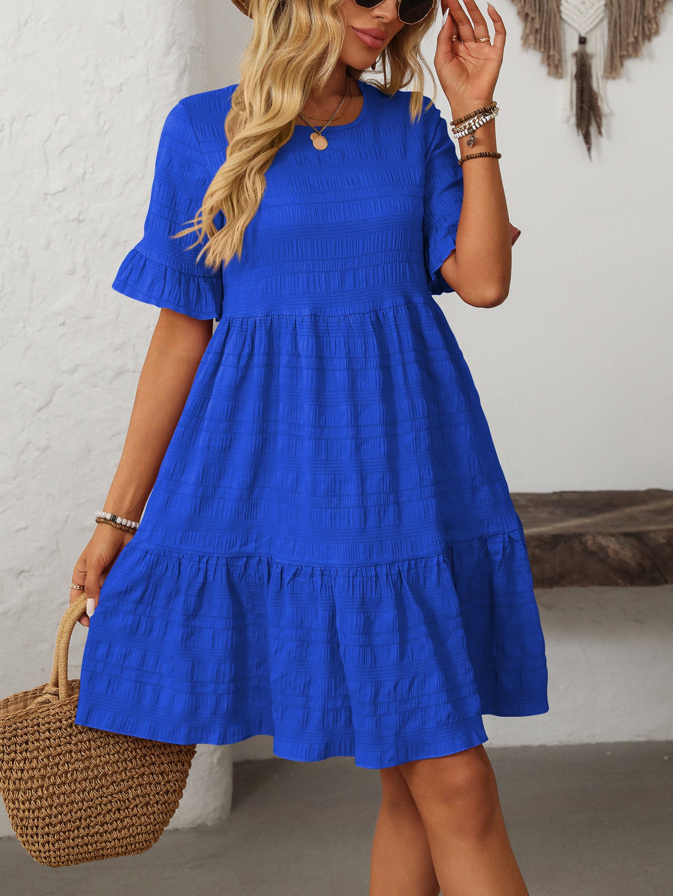 Textured Smocked Short Sleeve Tiered Midi Dress