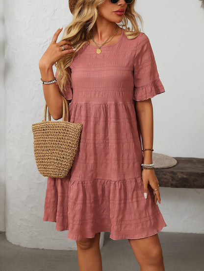 Textured Smocked Short Sleeve Tiered Midi Dress