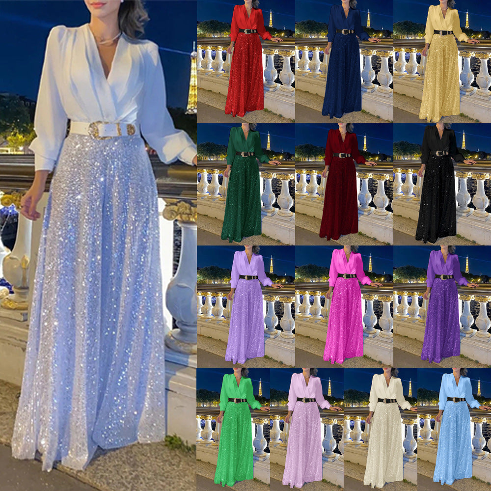 Sequin Jumpsuit Women V Neck Wide Leg Belted Long Sleeve