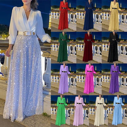 Sequin Jumpsuit Women V Neck Wide Leg Belted Long Sleeve