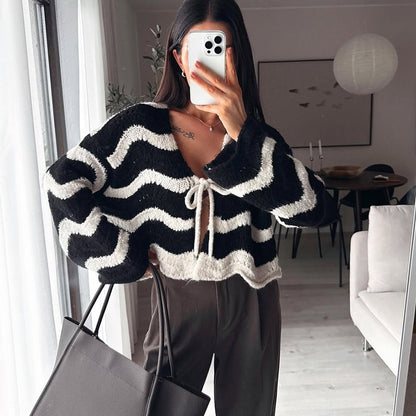 Women's Striped Tie Front Fuzzy Cardigan Sweater
