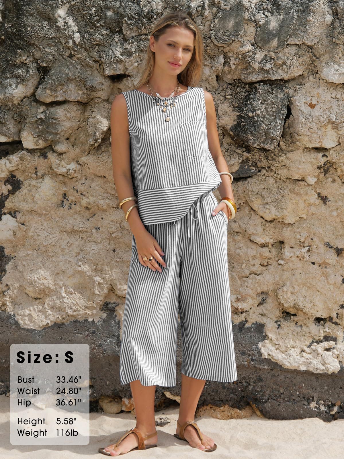 Striped Cotton Matching Set Sleeveless Top Capri Pants Casual