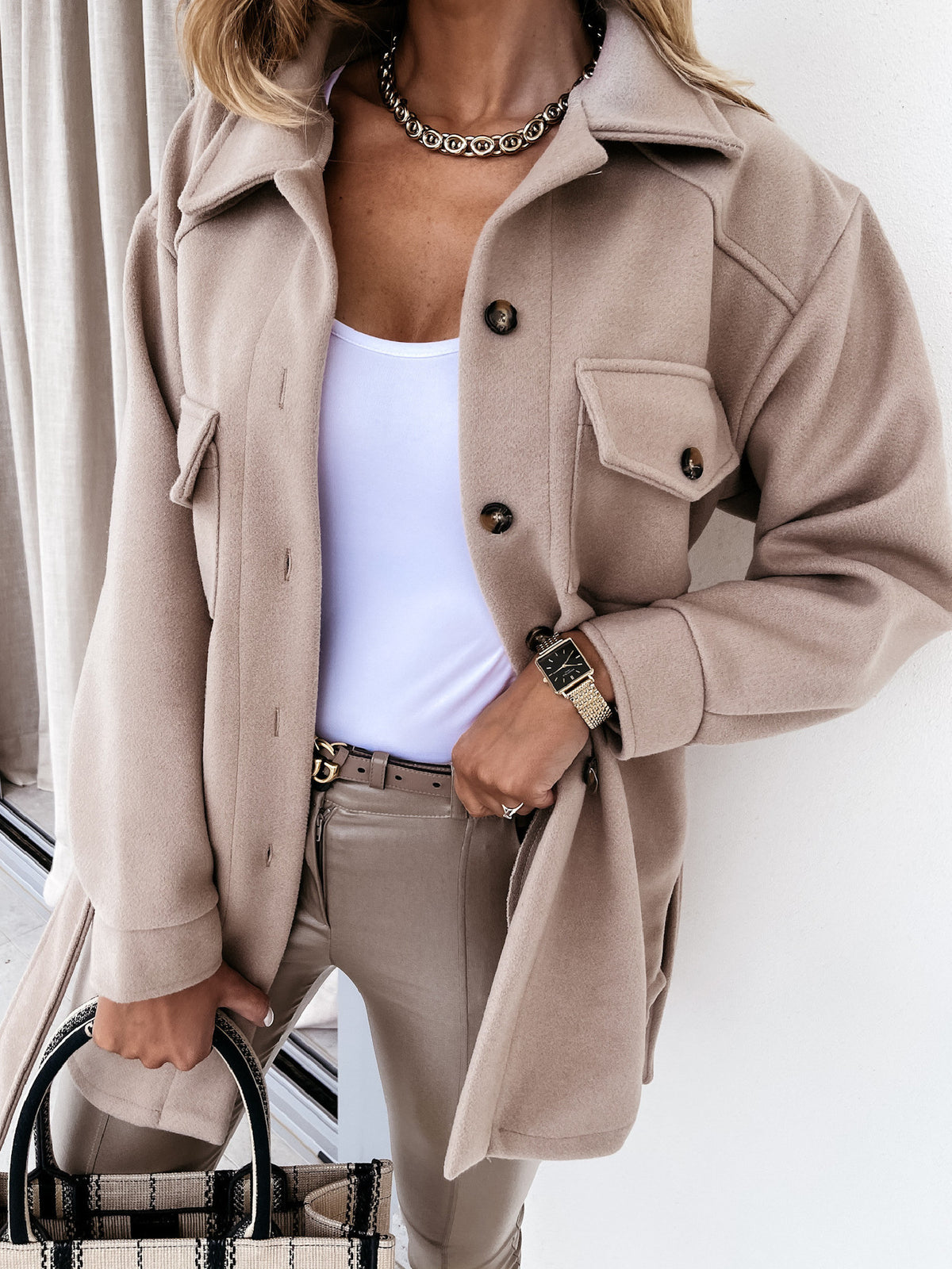 Womens Belted Wool Blend Shacket Jacket