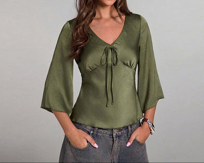 Women's V Neck Tie Front Bell Sleeve Blouse