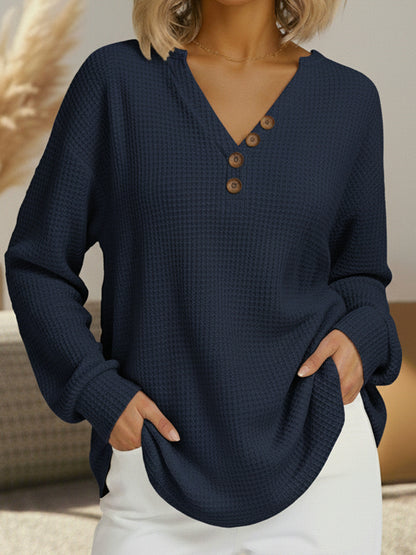 Women's Waffle Knit V Neck Henley Long Sleeve Top