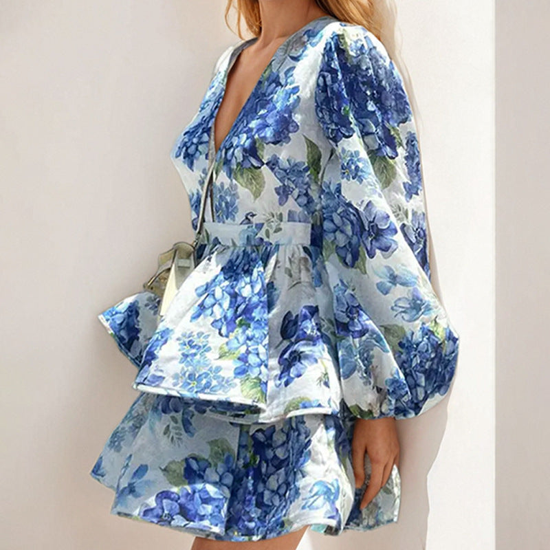 Floral V-Neck Puff Sleeve Ruffle Mini Dress