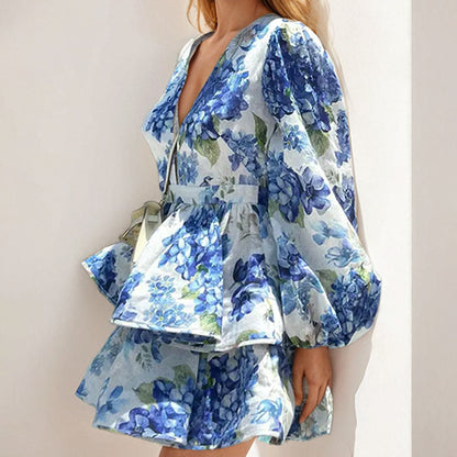 Floral V-Neck Puff Sleeve Ruffle Mini Dress