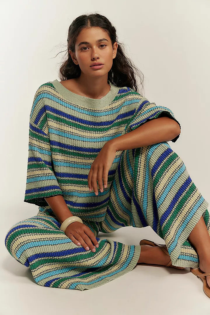 Boho Striped Knit Two Piece Set Wide Leg Pants
