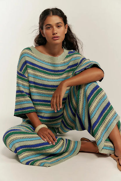 Boho Striped Knit Two Piece Set Wide Leg Pants