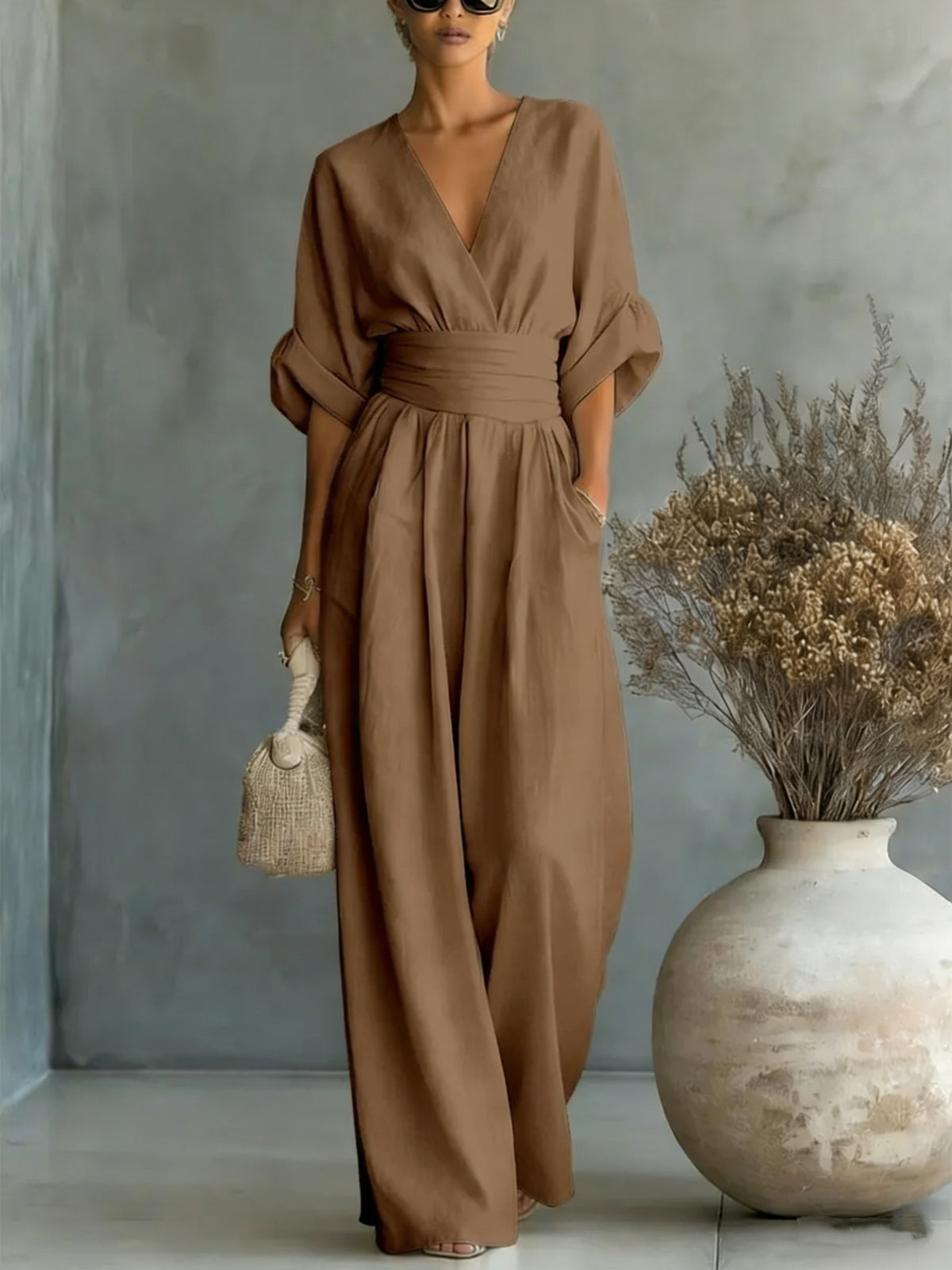 Women's Elegant V-Neck High Waist Wide Leg Jumpsuit