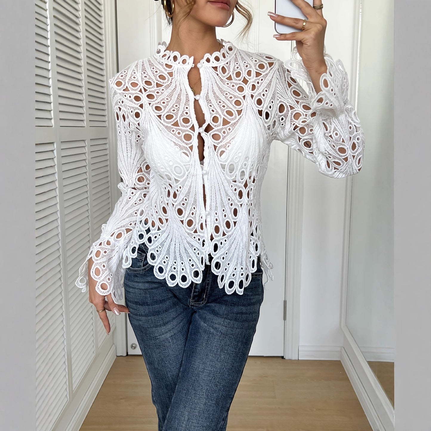 Women's Crochet Lace Button Front Blouse with Bell Sleeves