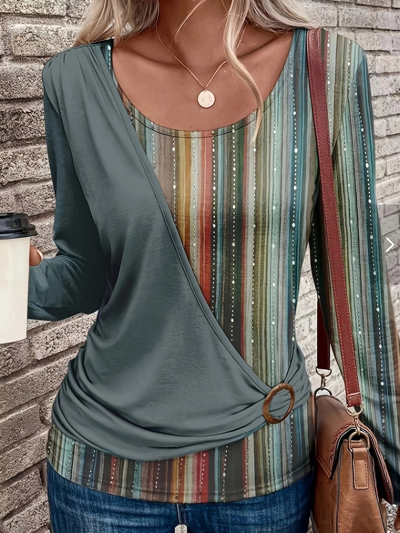 Women's Striped Color Block Tie Side Long Sleeve Top