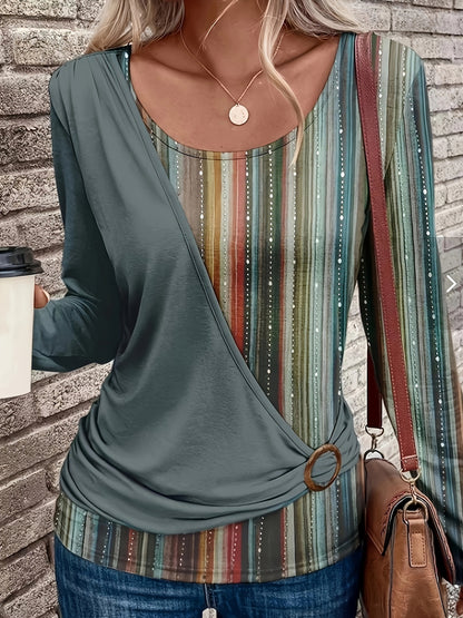 Women's Striped Color Block Tie Side Long Sleeve Top