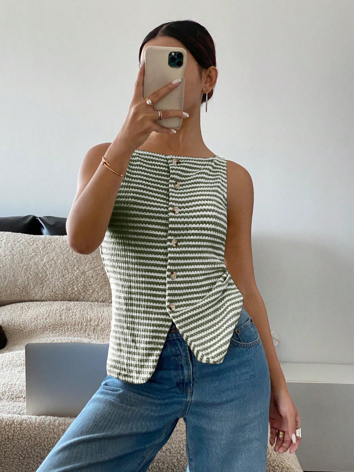 Women’s Striped Button Front Sleeveless Tank Top