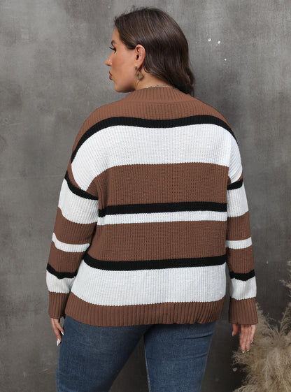 Women's Sweater V-neck Contrasting Color Splicing Loose Pullover Sweater