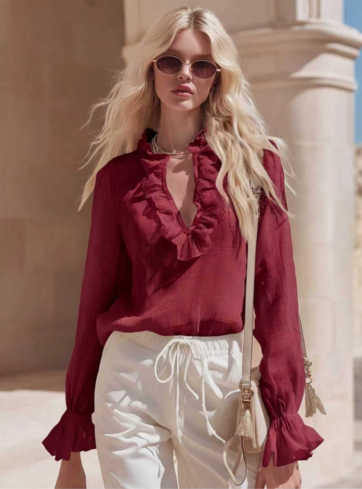 Women's Ruffle V Neck Blouse Bell Sleeve Chiffon Top
